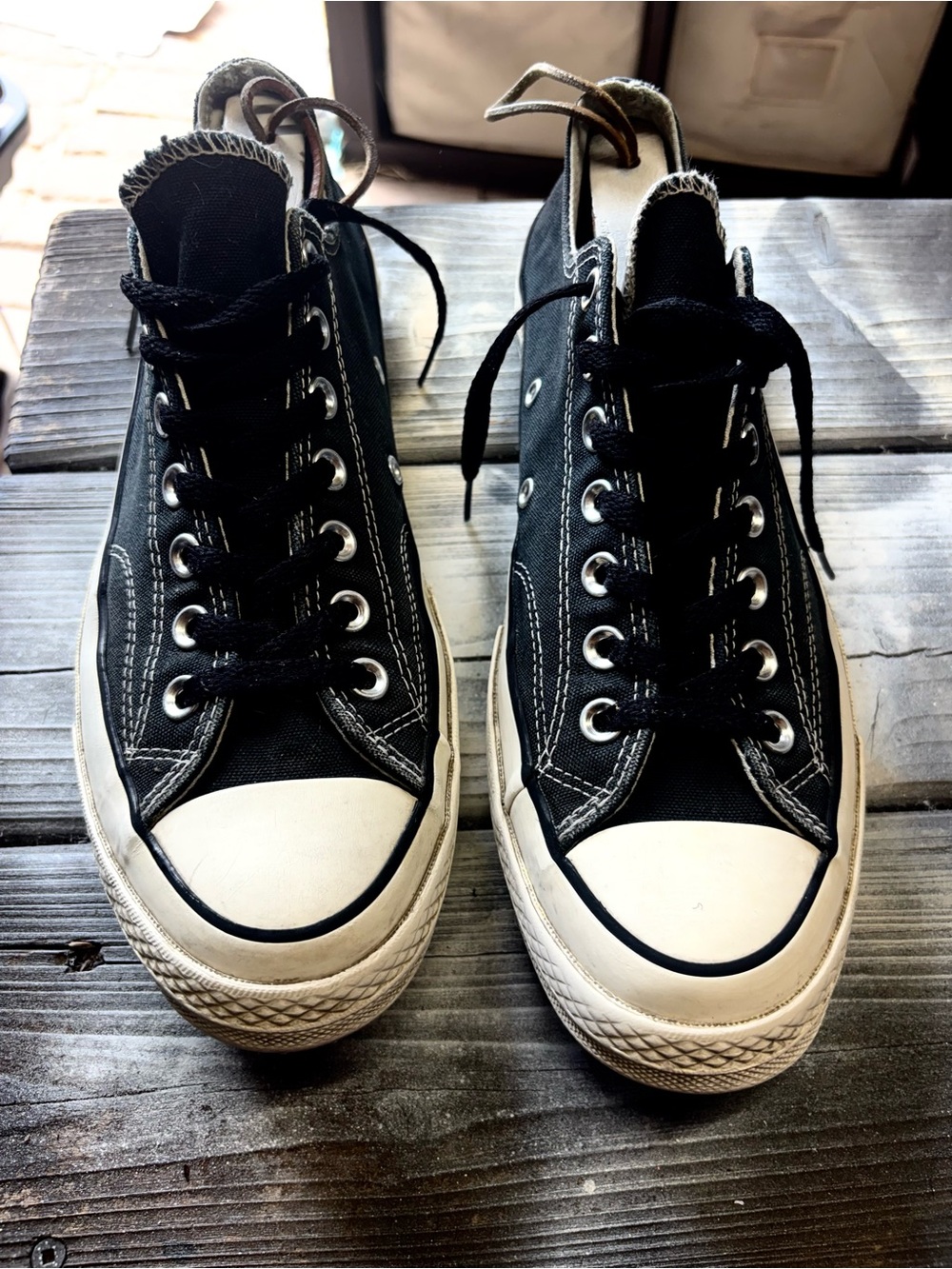 Black Converse sneakers with white rubber toe cap and sole Mens 9.5